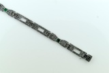 Antique Art Deco Rhinestone Link Bracelet w/ Green Accent Stones, 7” L
