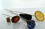 Lot of Five Costume Jewelry Hat Pins: Blue, Black, Box, & Others