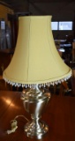 Brass Legacy Home Brushed Chrome Table Lamp, Gold Shade w/ Beaded Fringe