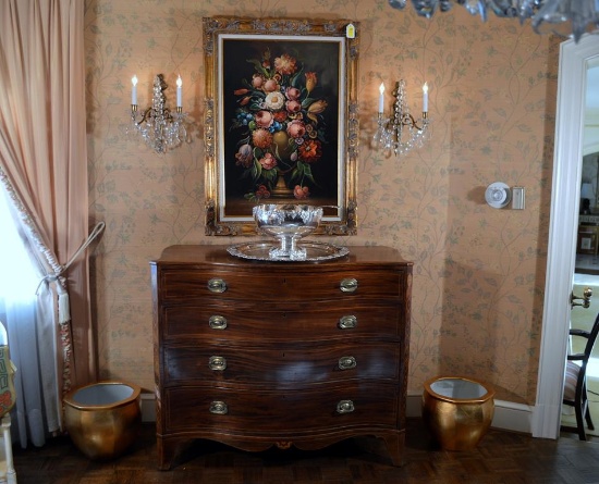 Antique 19th C. Sheraton Inlaid Mahogany Recurve Linen Chest, 4 Graduated Drawers