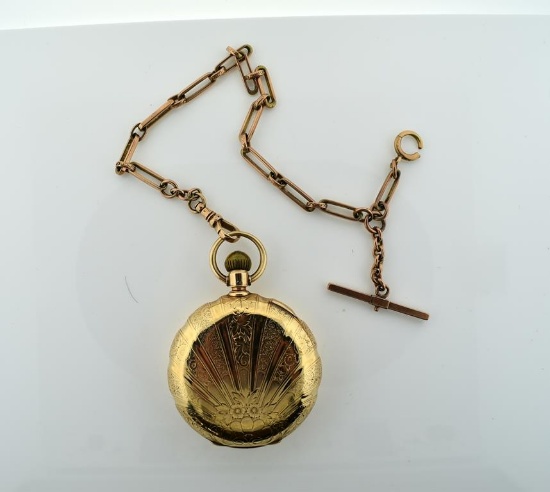 Antique Fredonia NY Railroad Pocket Watch w/ Gold Filled Hunter Case & Chain, Inset Secondhand