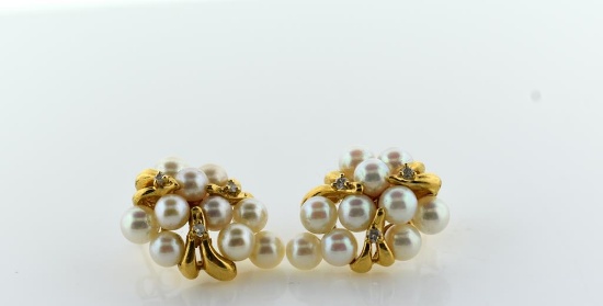 Vintage Pair of 14K Yellow Gold, Diamond and Pearl Earrings