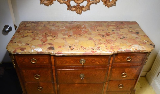Wonderful Antique Marble Top Chest, Parquetry Inlaid, Bookmatched, Ormulu Mounted, 3 Drawers