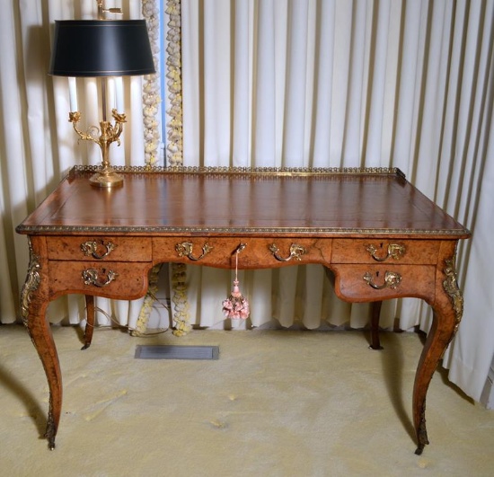 Elegant Antique English Burl Wood Rococo Style Ladies Desk, Ormolu Mounted, Brass Caster Feet