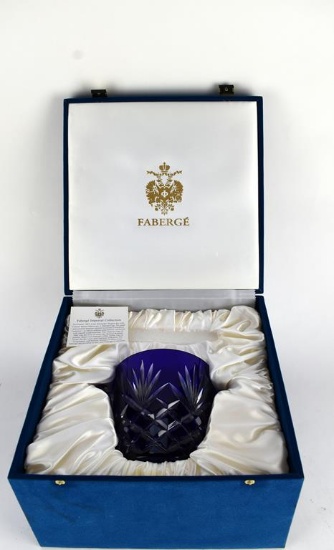 Faberge Blue Cased Cut Crystal Vessel w/ Handles NIB