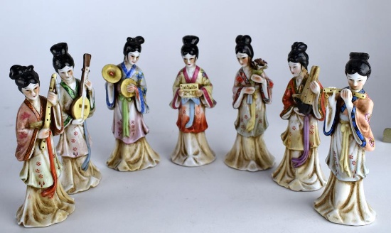 Set of Seven Antique 6” Porcelain Geisha Musician Figurines