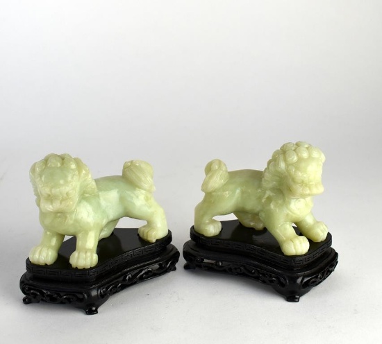 Pair of Carved Green Jade / Jadite Feng Shui Foo Lions / Dogs Figurines on Stands