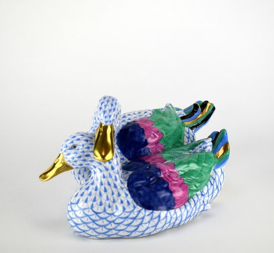 Herend 6” x 11” Blue Fishnet Ducks Figurine