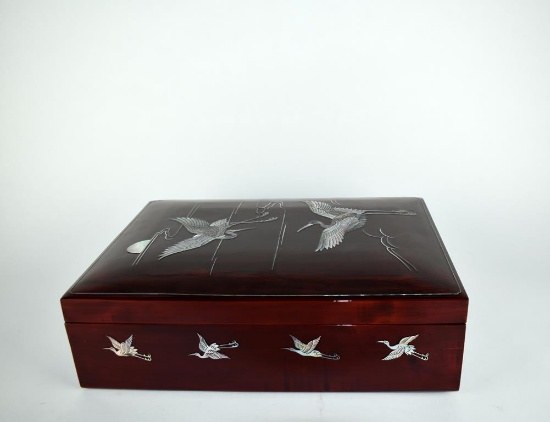 Handsome MOP Inlay 14" Box w/ Removable Tray, Stork Motif