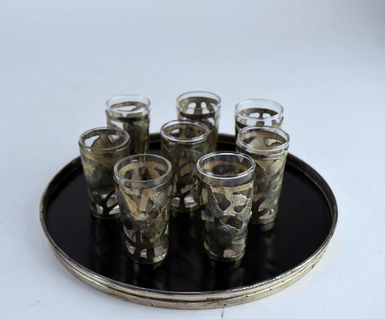 Eight Mexico Sterling Sleeved Shot Glasses w/ Gorham Sterling Tray
