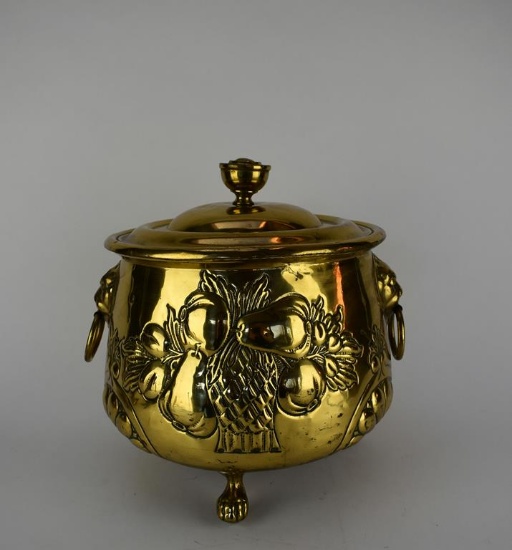 Large 11.5” Antique Lidded Brass Pot w/ Fruit Motif