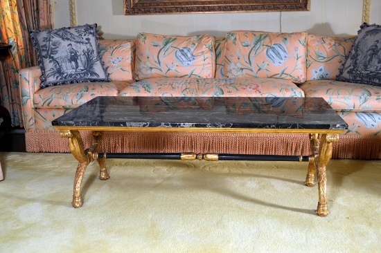 Spectacular Egyptian Revival Black Marble Top Cocktail / Coffee Table, Silver & Rust Veining