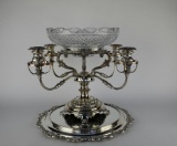 Silver Plate & Cut Crystal Epergne “Reproduction Sheffield Plate” & “Baroque” Wallace Mirrored Tray