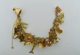 Vtg 14K Yellow Gold Charm Bracelet w/ Over 33 Charms, Pearl & Diamond, Ruby, Sapphire & Other Stones