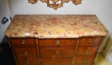 Wonderful Antique Marble Top Chest, Parquetry Inlaid, Bookmatched, Ormulu Mounted, 3 Drawers