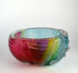 Studio Art Glass Leon Applebaum 5.5” x  9.5” Diam.Hand Made Textured Glass Lava Bowl, Signed