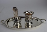 Ronson Silver Plate Set of Lighter Decanter, Tray, & Footed Cigarette Cup