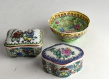 Three Small Oriental Porcelain Items: Two Trinket Boxes & Bowl
