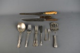 Lot of 13 Silver Plate Serving Pieces and Knives with One Sterling Handle