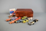 Ten Slot Cars by G Plus, Tycopro, A/FX, and Other with Spare Parts in Lane Cedar Box