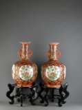 Excellent Pair of 19” Qing Chinese Handled Vases w/ Wooden Stands
