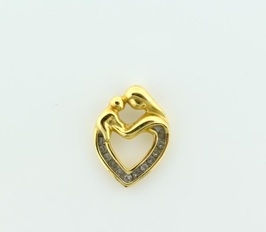 14K Yellow Gold and 0.25 Carat Diamond Mother & Child Heart Pendant