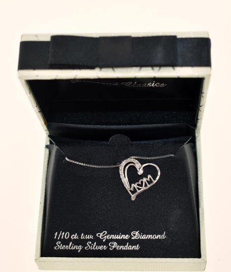New in Package Sterling Silver & 0.10 Carat Diamond Mom Heart Pendant Necklace, 18” L Sterling Chain