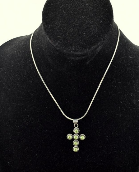 Vintage Sterling Silver & Peridot Cross Pendant Necklace, 15” L