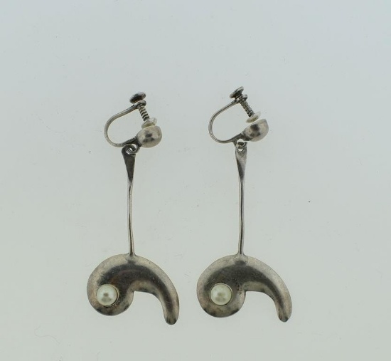 Vintage Sterling Silver & Faux Pearl Drop Earrings, 2” L