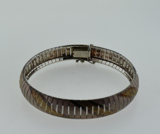 Vintage Sterling Silver Striated Bracelet w/ Gold Diagonal Lines, 7.5” L