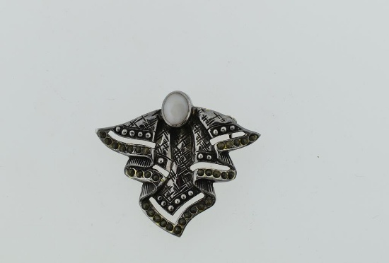 Vintage Sterling Silver, Marcasite & Milky White Cabochon Stone Pin, 1.5” L