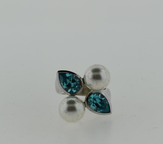 Vintage Sterling Silver, Aquamarine & Faux Pearl Ring, Size 8.25