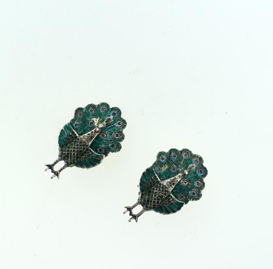 Vintage Siam Sterling Silver & Enamel Peacock Earrings, 1.25” L