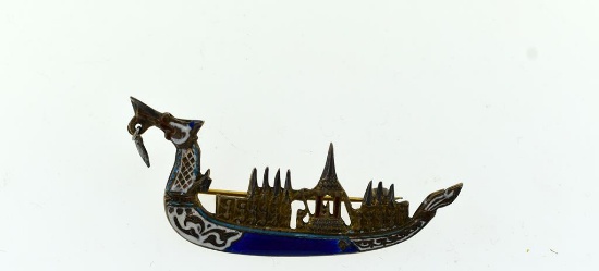 Vintage Siam Sterling Silver & Enamel Dragon Boat Pin, 2.25” L