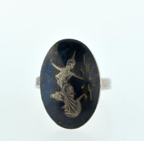 Vintage Siam Sterling Silver & Enamel Goddess Ring, Adjustable Size