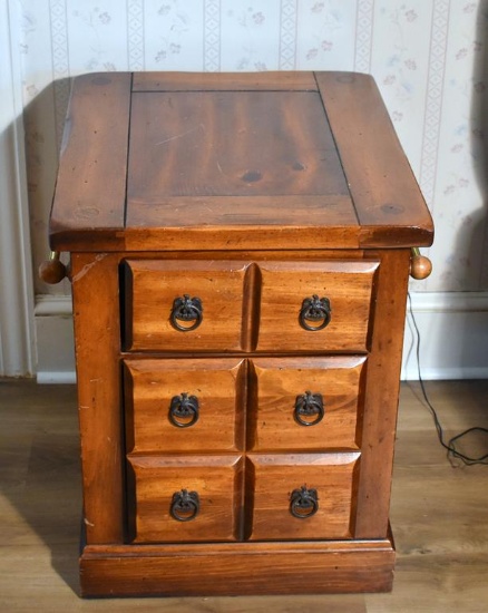 Small Two Drawer Pine End Table w/ Brass Side Bars