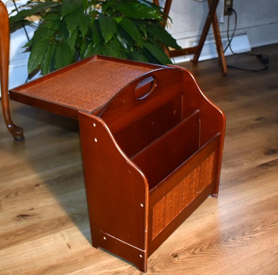 Wood & Woven Magazine Rack With Lift Tray Table on One Side