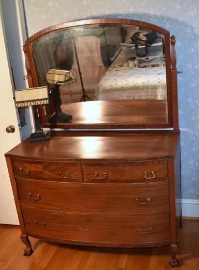 Vintage Four Drawer Mahogany Bow Front Dresser w/ Beveled Mirror, Paw Feet