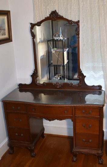 Pretty Vintage Mahogany Assoc. Vanity w/ Ball & Claw Feet, Glass Covered Top