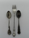 3 Sterling Silver Pieces: Pickle Fork & 2 Collector Spoons