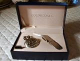 Gold Coast Collectible Quartz Pocket Watch w/ Chain, Utility Knife w/ Box