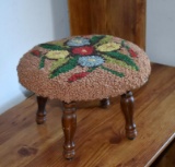 Cute Footstool w/ Floral Hooked Rug Topper