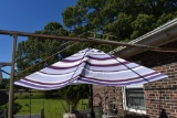 Like New Nine Foot Multi Striped Patio Umbrella w/ Tilt & Crank Features, Storage Bag