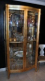 Gilt Henredon Bow Front Lighted Curio w/ Mirrored Back, Glass Shelves