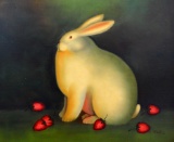 Decorator Framed Oil on Canvas, Rabbit with Strawberries, Signed Harris