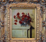 Decorator Framed Oil on Board, Red Poppies on Mantle, Signed E. Grand