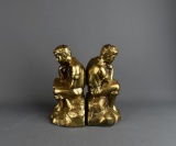 Pair of Vintage Gilt Metal Bookends, Reading/Thinker Boy Motif