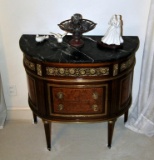 Black Marble Top Empire Style Demilune Commode with Lovely Inlaid Fronts, Ormolu Trim