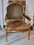 Fabulous Verdigris Damask Upholstered Armchair, Gilt Finished Wood