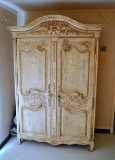 Spectacular Carved Wood Armoire, Light Antiqued Finish